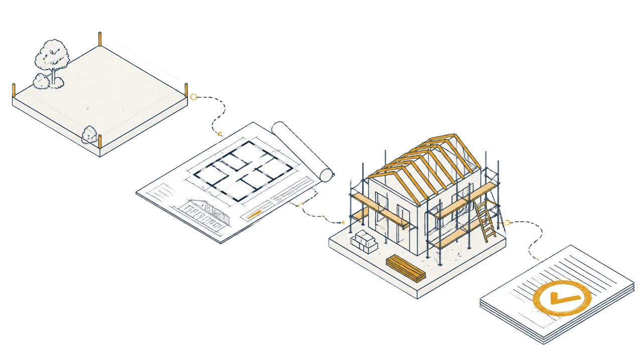 Ilustração das etapas de uma construção: terreno, projeto, obra em execução e documento aprovado