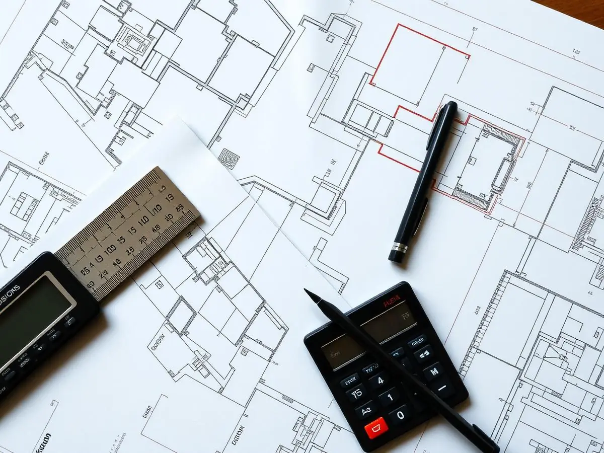Pranchas de projeto arquitetônico e estrutural sobre mesa técnica